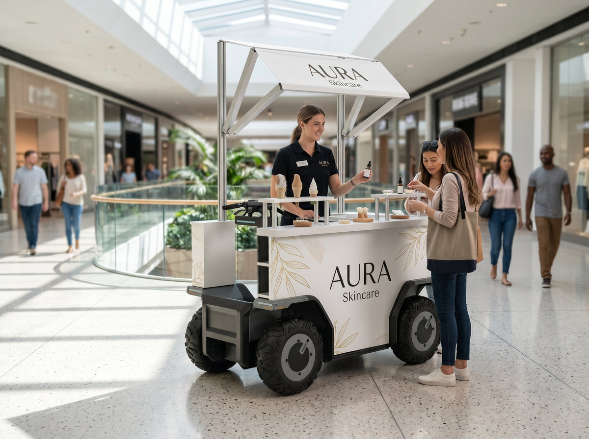 Mobile kiosk, brand booth, and powered display configurations.
